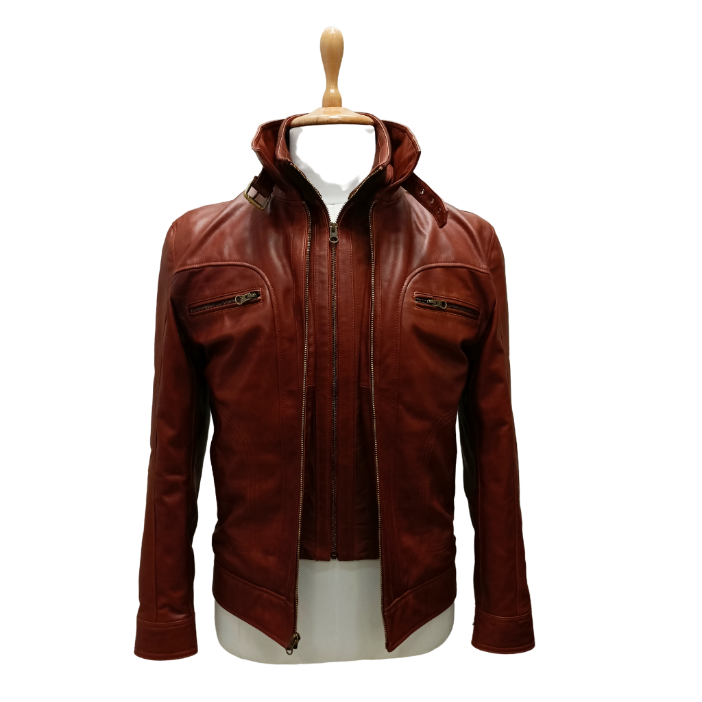Brown Leather High Neck Zipped Jacket