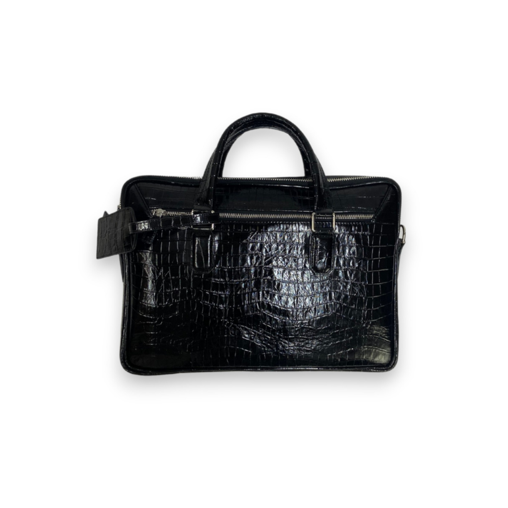 Black Croco-Embossed Leather Laptop Case