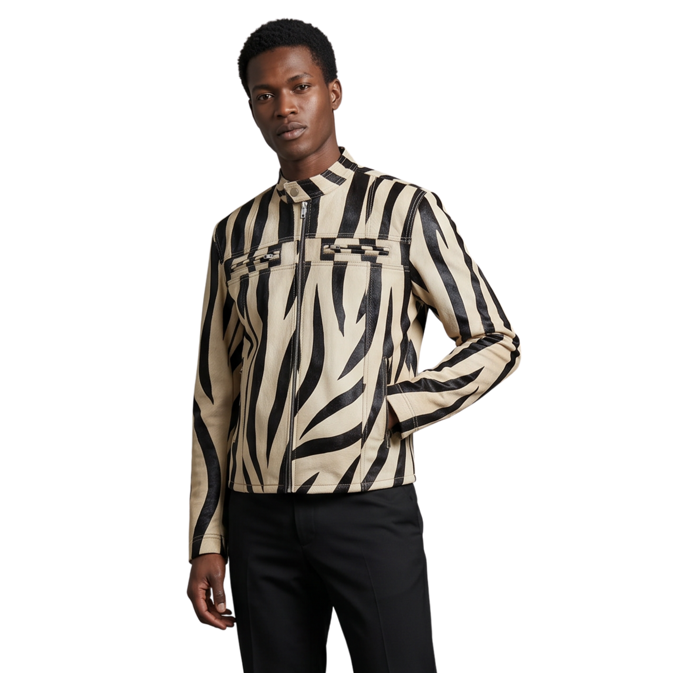 Zebra Printed Hairon Leather Jacket