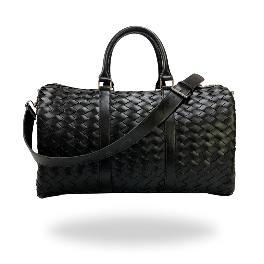 Black Leather Weave Duffle Bag