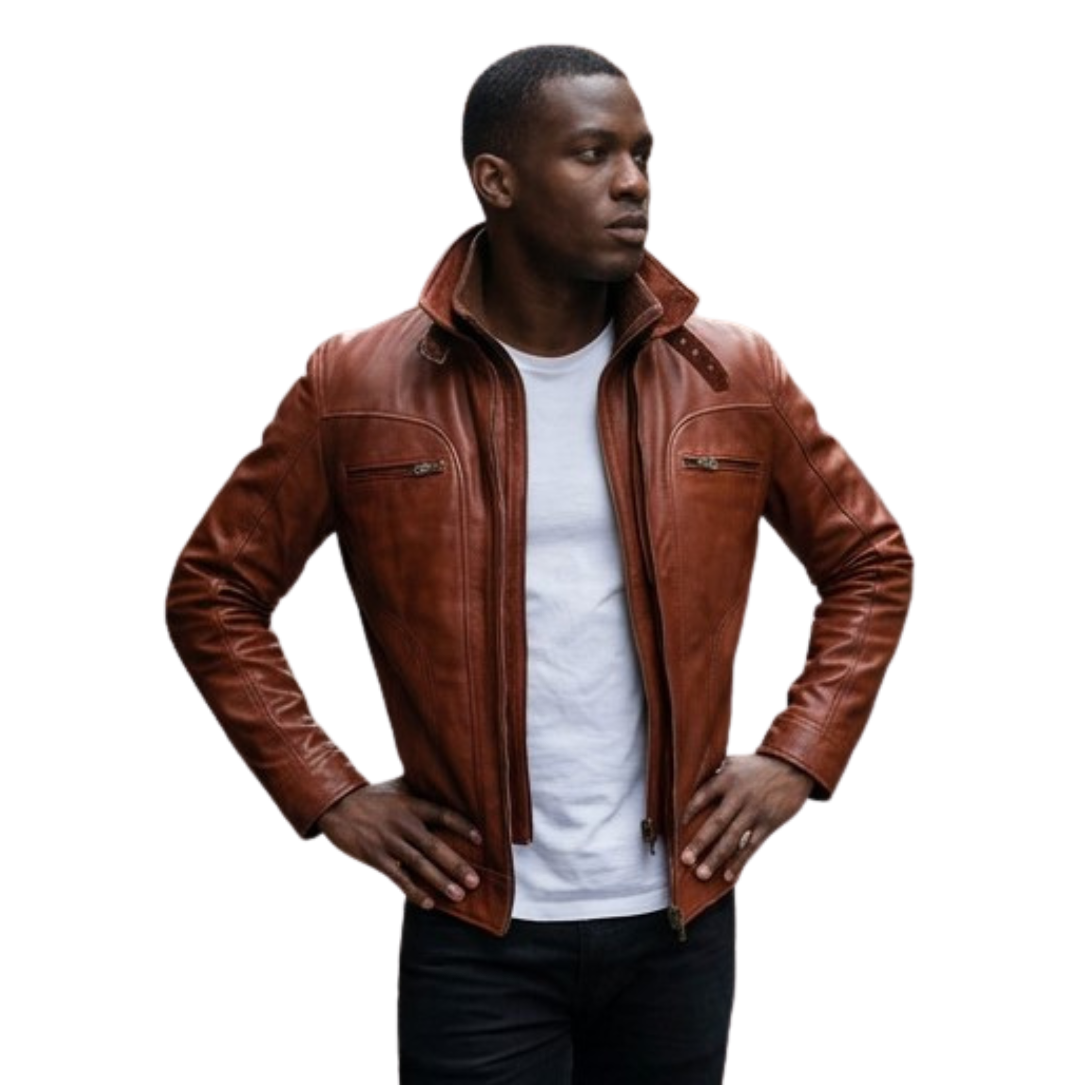Brown Leather High Neck Zipped Jacket