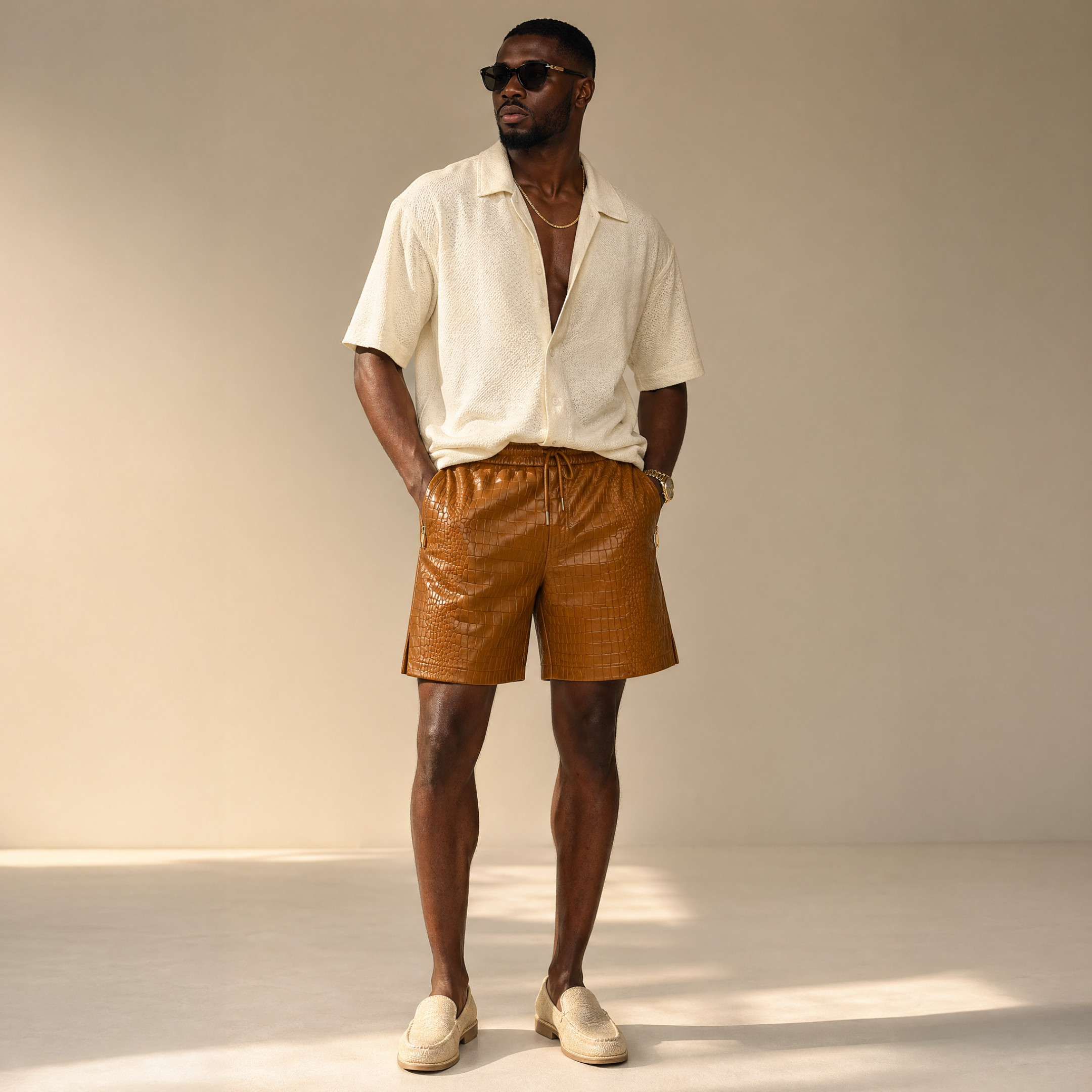 Tan Leather Croco Shorts