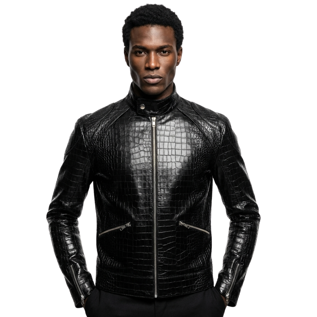 BLACK LEATHER CROCO JACKET