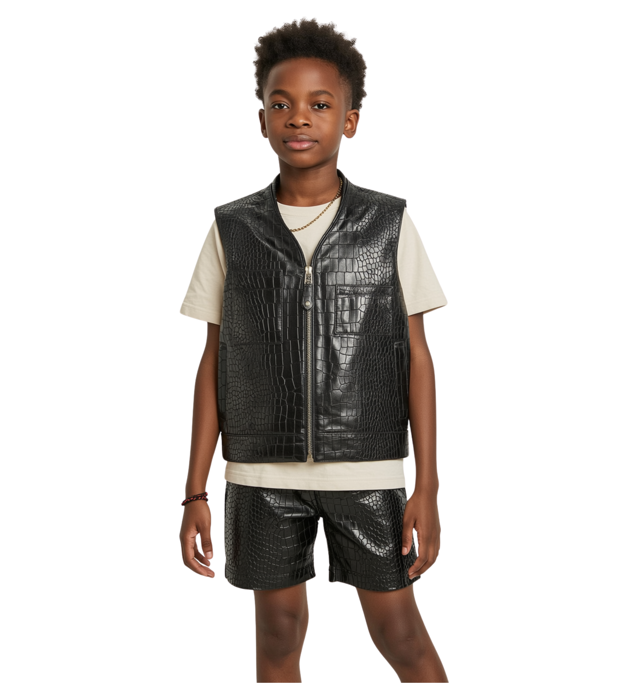Black Croco Leather Vest & Matching Shorts Set