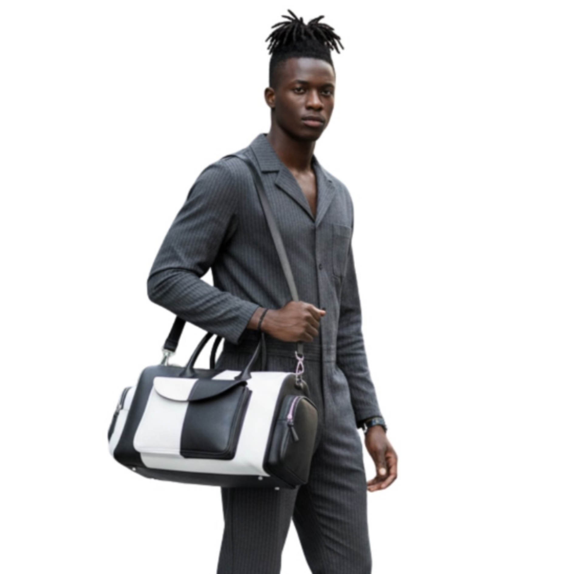 Full-Grain Black and White Leather Duffle Bag